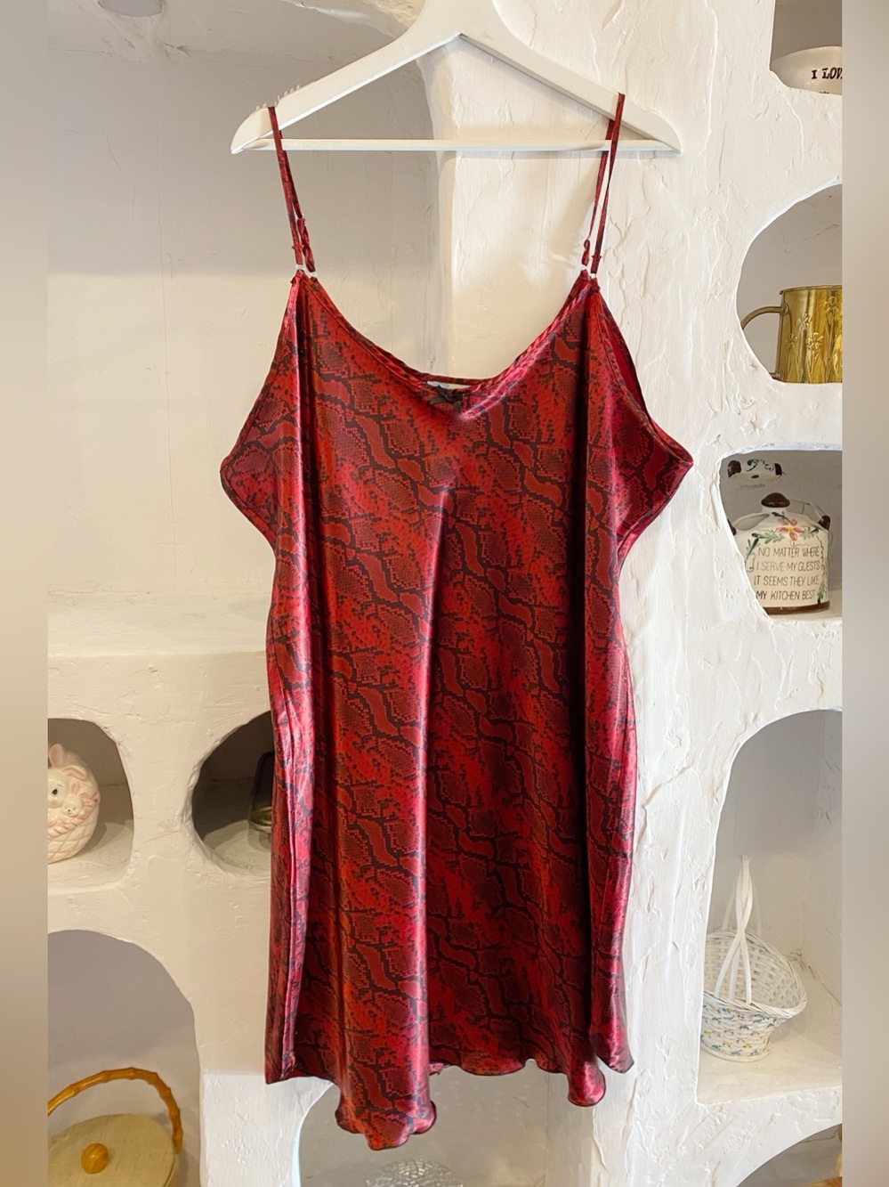 Y2K Vintage Red & Black Python Snake Print Spaghetti Strap Satin Slip Dress